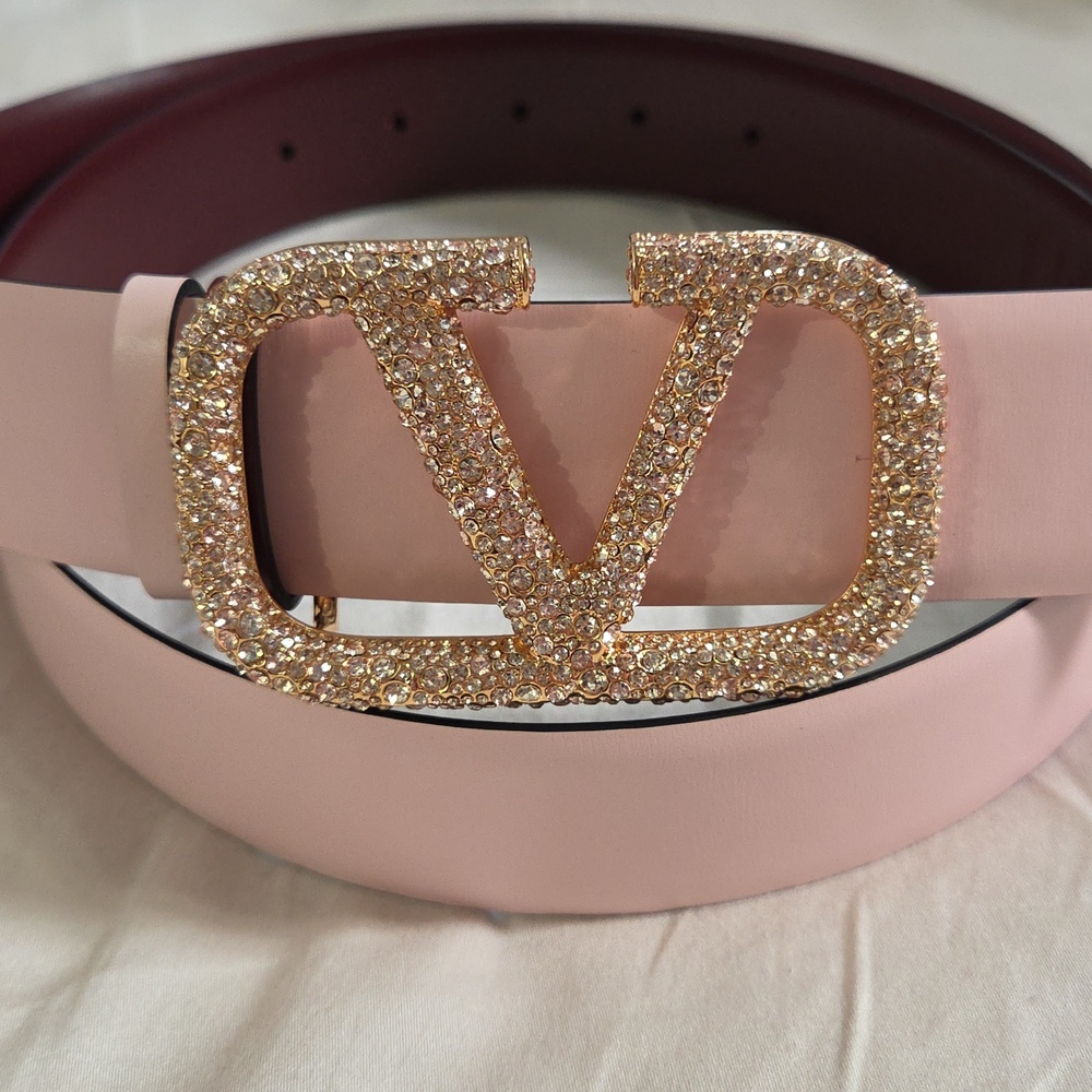 Valentino Garavani Pink Maroon Belt with Gold Sparkle Buckle